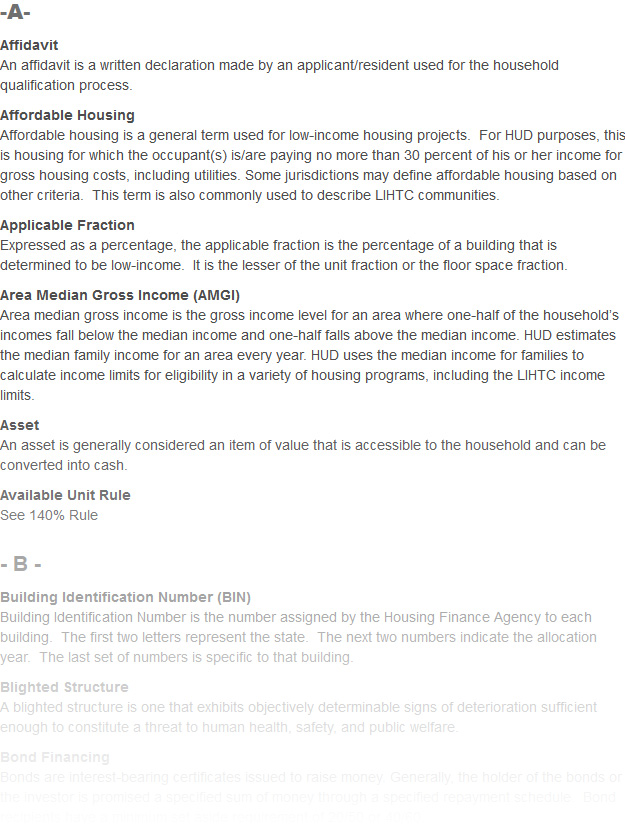 Compliance Support :. 80+ LIHTC Program Definitions